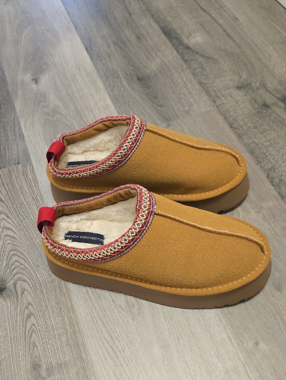 French Connection Tan Shearling-Lined Slip-On Mules